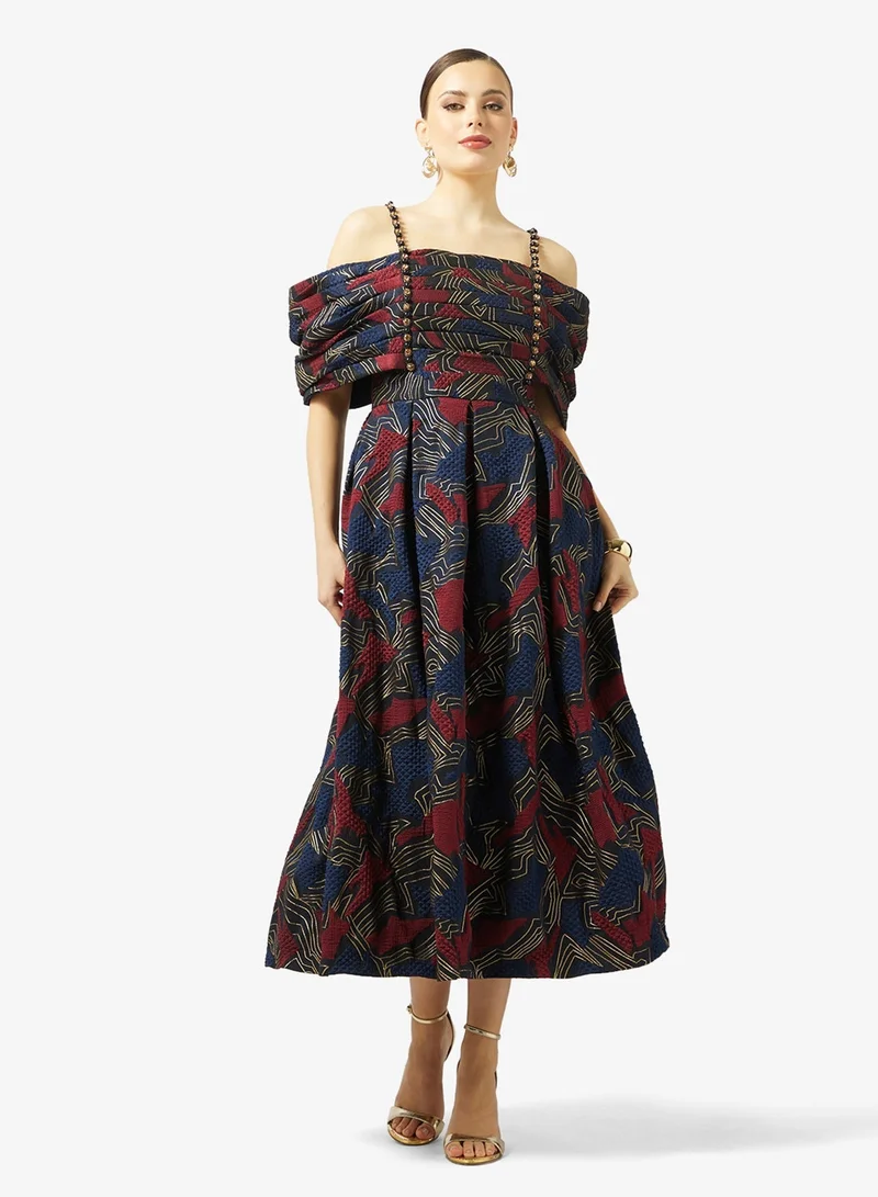 Threadz by Ajooni  Off Shoulder Jacquard Maxi Dress for Women | Best Price UAE